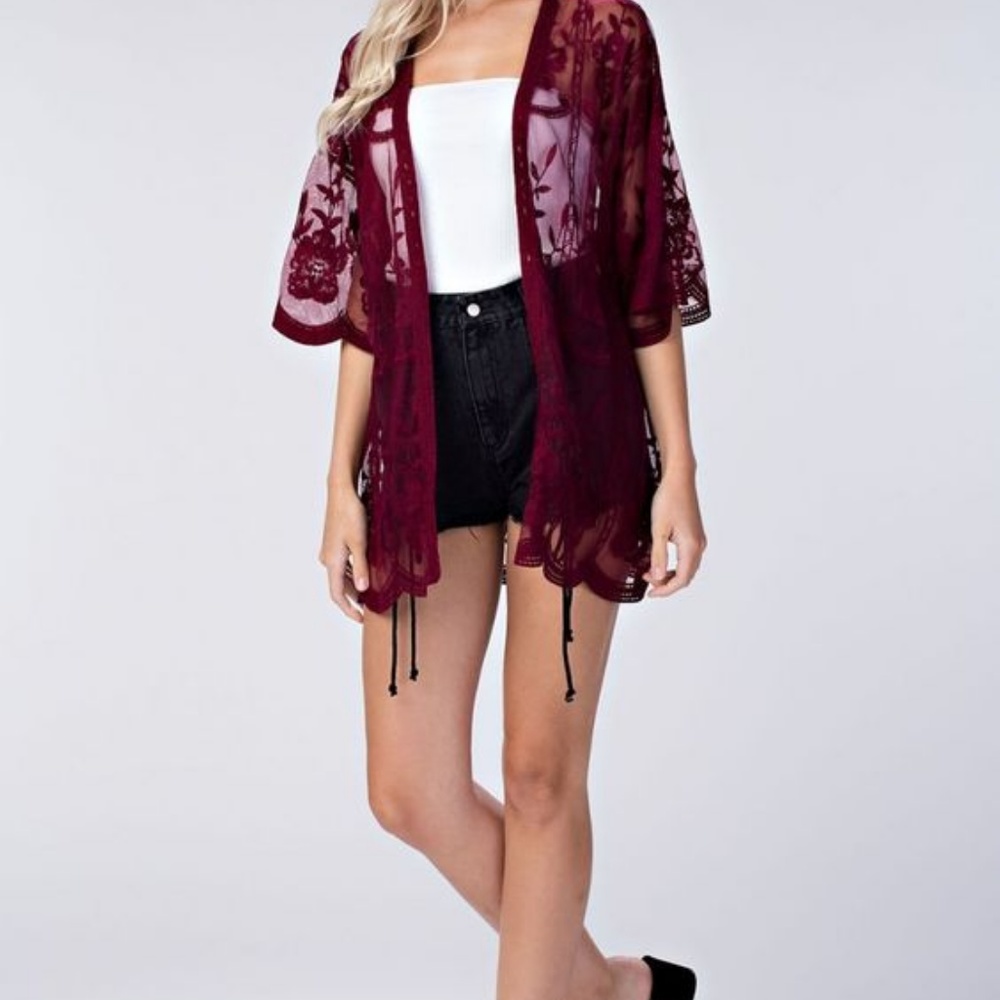 1 left- Red Lace Sheer Embroidered Kimono Cardigan - Picture 2 of 5